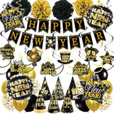 2026 New Year Party Decorations Black Gold Banner Balloons Hats Photo Props