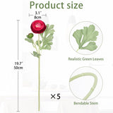 19.7" Red Artificial Flowers Ranunculus Flowers 5Pcs Silk Fake Ranunculus Flowers Faux Buttercup Flower With Long Stem Arrangement For Diy Party Centerpiece Bouquet Table Home Decoration