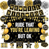 Farewell Party Decoration Kit: Black & Gold Banner, Swirls, Pompoms