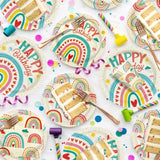 Retro Rainbow Themed Happy Birthday Party Supplies Set - Vibrant Disposable Paper Plates, Cups And Napkins - Fun & Colorful Design For Boys/Girls - For 16 Guests