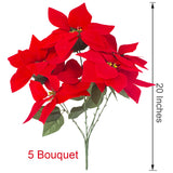 5 Artificial Poinsettia Flowers Bouquet Christmas 7 Heads 19.6”Faux Red Poinsettia Bush Fake Flowers For Home Porch Xmas Tree Garden Indoor Outdoor Office Christmas Decorations