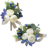 2 Pieces Artificial Wrist Corsage Boutonniere Set, Grooms Groomsmen Bridal Bridesmaids Wedding Flowers Accessories Prom Party Suit Decoration - Blue&White