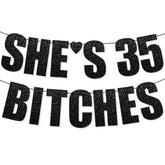 Pre-Strung 35Th Birthday Party Decorations Banner For Women With She'S 35 Bitches Black Glitter Letters Sign For Her