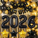 New Year 2026 Party Kit 153 Pc Black Gold Balloons Banner Swirls Backdrop