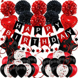 Black & Red Birthday Decor Kit – Balloons, Banner and Pompoms for All Ages and Genders
