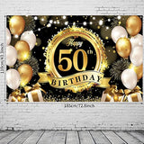 Happy 50th Birthday Backdrop - Black & Gold Extra Large Fabric Banner (72.8x43.3 Inch)