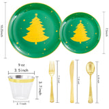 150Pcs Christmas Plates Plastic Disposable - 25 Guests Green Plates With Gold Tree, Gold Plastic Silverware, Clear Gold Cups, Christmas Design Perfect For Christmas Parties, Ej