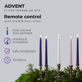 Flameless Advent Candles, Set Of 5 - Flickering Led Flame, 11 Inch Taper Candlesticks, Remote Controlled - 3 Purple, 1 Pink, 1 White For Christmas Wreath