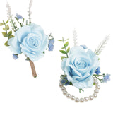 2Pcs Of Wrist Corsage And Boutonniere Set, Artificial Flowers Accessories Suit Decor For Wedding Prom Party Homecoming Ceremony, Blue