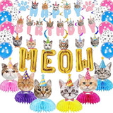 Cat Birthday Party Supplies Party Decorations Includes 1 Birthday Banner, 6 Honeycomb Centerpieces, 6 Hanging Swirls With 6 Cat Cutouts, Meow Letter Balloons And 12 Balloons