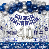 40Th Birthday Decorations For Men, Blue And Silver 40Th Birthday Party Decorations For Him, Happy Birthday Banner 40Th Birthday Balloons Tablecloth Fringe Curtains Hanging Swirls Bday Party Supplies