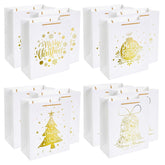 12Pcs Large White & Metallic Gold Foil Gift Bags, 4 Assorted Xmas Tree Snowflake Designs, Perfect For Christmas Thanksgiving New Year Party Favor