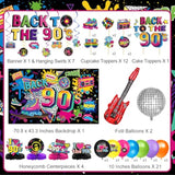 90S Party Decorations Includes 90'S Backdrop, Foil & Latex Balloons, Cake & Cupcake Toppers, Honeycomb Centerpieces Banner, Hanging Swirls For 80S 90S Party Decorations