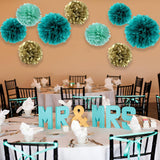 12Pcs Teal Turquoise Aqua Gold Party Paper Flowers Pom Poms For Backdrop Streamers Birthday Wedding Baby Bridal Shower Bachelorette Christmas Nursery Wall Hanging Décor