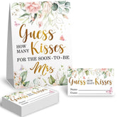 Guess How Many Kisses Bridal Shower Party Game Cards Kit - 1 Sign & 50 Cards Set, Watercolor Floral Butterfly Bridal Shower Party Game Cards, Wedding Shower Games, Bridal Party Decorations