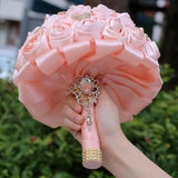 Handmade Rhinestone Brooch Satin Bridal Bouquet,7.5Inches Crystal Wedding Round Tossing Bouquet, Artificial Flower Bunch With Diamond Pearl Ribbon (07#Pink)