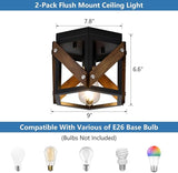 2 Pack Farmhouse Flush Mount Ceiling Lights Rustic Wood and Black Metal Cage Fixtures