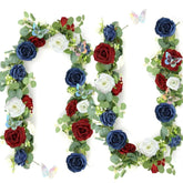 12Ft Artificial Eucalyptus Flower Garland With Butterflies - Pack Of 2 Fake Rose Faux Greenery Eucalyptus Garlands For Wedding Table Backdrop Centerpieces Decorations - Navy Blue & Burgundy& White