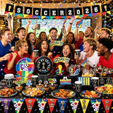 Soccer Party Decorations Set, Soccer Supplies Kit with Plates, Cups, Napkins, Tablecloth, Banner, Swirls, Honeycomb Centerpieces and Cake Toppers for Watch Parties, Game Day, Soccer Fans