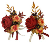 2 Pieces Of Wrist Corsage And Boutonniere Set, Artificial Flowers Accessories Suit Decor For Wedding Prom Party Homecoming Ceremony Anniversary - Red+Orange