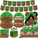 Green And Brown Birthday Party Decorations, 104Pcs Video Game Theme Party Supplies Include Plates, Napkins, Cups, Banner, Balloons, Tablecloth, Cake Toppers And Cupcake Toppers For Party Supplies