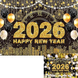 2026 New Year Black Gold Backdrop 7x5 ft for Party and Photo Booth Decor