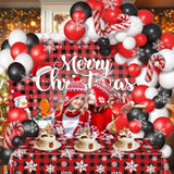 Plaid Christmas Balloons Garland Arch Kit With Merry Christmas Backdrop, Snowflake Tablecloth, Red White Balck Balloons, Xmas Decor Cane Foil Balloon For Christma Baby Shower Birthday Party