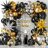 137-Pc Black, Gold & Silver Balloon Arch Kit with Stars for Parties