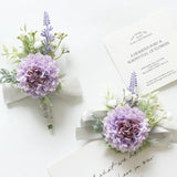 2 Pieces Artificial Wrist Corsage And Boutonniere Set, Groom Groomsmen Bride Bridesmaids Wedding Flowers Accessories Prom Party Suit Decorations - Pale Purple