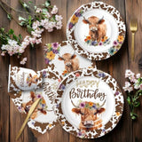 Highland Cow Birthday Decorations, Floral Boho Holy Cow Print Highland Theme Baby Shower Birthday Party Supplies, Plate, Napkin, Cup, Tablecloth, Balloon, Banner, Cutlery, Topper, Serves 24
