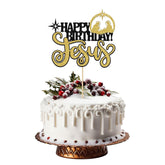 1Pcs Happy Birthday Cake Topper Glitter Black-Gold Jesus Birthday Cake Pick Merry Christmas Cake Decorations For Nativity Scene Christmas Birthday Party Supplies