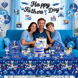 139Pcs Fathers Day Decorations, Happy Fathers Day Party Set with Plates, Napkins, Cups, Tablecloth, Banner, Balloons, Haning Swirls, Cake Topper, Cupcake Toppers for Dad Birthday Party, Serves 20