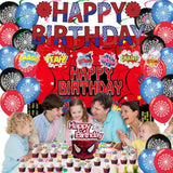 Spider Theme Birthday Party Supplies Banner, Backdrop, Balloons, Swirls, Toppers & Tablecloth