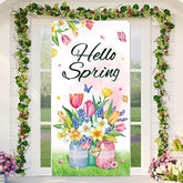 Hello Spring Door Cover Floral Jar Door Backdrop Decor Colorful Flower Butterfly Hanging Seasonal Door Banner For Spring Easter Party Decor Supplies