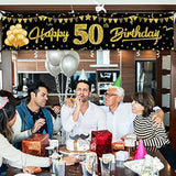 Happy 50Th Birthday Banner Decorations, Black Gold 50 Birthday Sign Party Supplies For Men Women, Fifty Birthday Decor Photo Booth Props For Outdoor Indoor