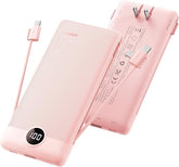10000mAh Slim USB C Power Bank with Built In Cables Wall Plug LED Display Pink