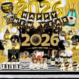 Complete 2026 Black & Gold NYE Decor Set Backdrop, Banner, Fringe & Swirls