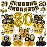 36Pcs Black Gold 80th Birthday Decor Kit with Banner, Balloons & Centerpieces
