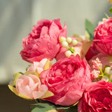 Artificial Peonies Silk Flowers In Glass Vase Faux Flowers Bouquets Modern Penoy Arrangement 4 Pack For Home Decoration Table Centerpiece (Rose Red)