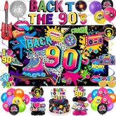 90S Party Decorations Includes 90'S Backdrop, Foil & Latex Balloons, Cake & Cupcake Toppers, Honeycomb Centerpieces Banner, Hanging Swirls For 80S 90S Party Decorations