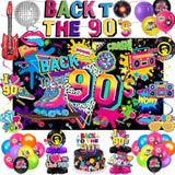 90S Party Decorations Includes 90'S Backdrop, Foil & Latex Balloons, Cake & Cupcake Toppers, Honeycomb Centerpieces Banner, Hanging Swirls For 80S 90S Party Decorations
