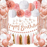 Upgraded Rose Gold Pink Party Decorations With Happy Birthday Banner, Curtains, Butterfly Wall, Circle Dots Garland, Tissue Pompoms, Paper Tassels Garland For Women'S Party Decorations