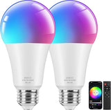A19 Bluetooth LED Light Bulbs 2 Pack Color Changing RGBWW 800LM Remote Control E26 60W Equivalent