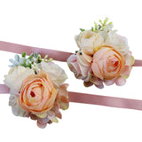 2Pc Pack-Handmade Artificial Peony Wrist Corsage With Satin Wristband For Girl Bridesmaid Wedding Party Prom Hand Flower (Champagne X2)