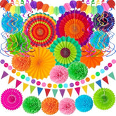 33Pcs Fiesta Decorations Cinco De Mayo Decorations Multi-Color Paper Fans Garlands Pennant Pom Poms Hanging Swirls For Birthday Wedding Rainbow Mexican Party