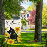 Welcome Summer Cute Black Cat Garden Flag 12X18 Double Sided Burlap, Spring Sunflower Bee Yard Banner For Rustic Seasonal Outdoor Decoration (Only Flag)