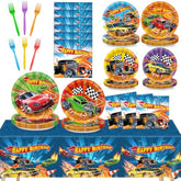 98 Pcs Race Car Party Supplies Colorful Hot Car Paper Plates Napkins Tablecloths Racing Theme Tableware Table Cover For Kids Boys Black White Checkered Baby Shower Birthday Decorations For 24 Guests