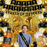 21St Birthday Decorations For Him, Happy Birthday Decorations Black And Gold 21 Birthday Decor With Happy Birthday Banner, Fringe Curtain, Confetti And Latex Balloons