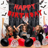Halloween Happy Birthday Banner, Bloody Bat Vampire Red And Black Birthday Decorations, Glitter Foil Fringe Curtains Backdrop Balloons Horror Movie Themed Party Decoration Supplies
