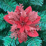 Sparkling Christmas Flowers - Artificial Poinsettia Tree Decor Set Of 10 - Festive Holiday Floral Ornaments (Wine Red)
